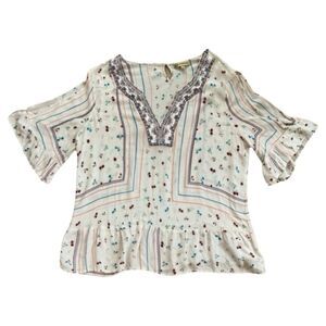 Democracy Peplum Flounce Split Sleeve Embroidered Placket Front Printed Top Sz L